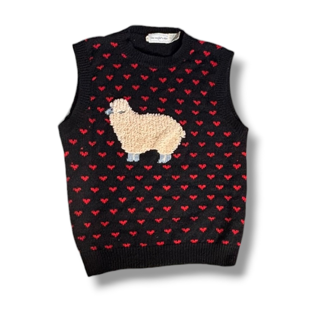Eagle's Eye Vintage Wool Sheep Sweater Vest Heart Novelty Knit Whimsical Cottage